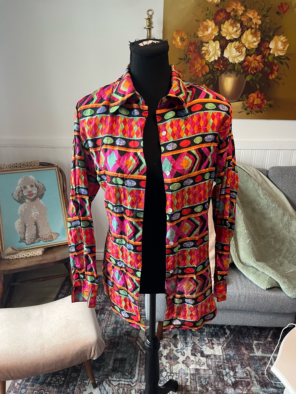Women’s 100% Silk Vintage Vibrant Multicolor Button-Up Shirt Long Sleeve M